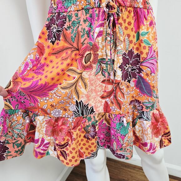 Ann Taylor Loft Dress Size L Patchwork Bloom Floral Double Waist Tie Vacation - Picture 6 of 10